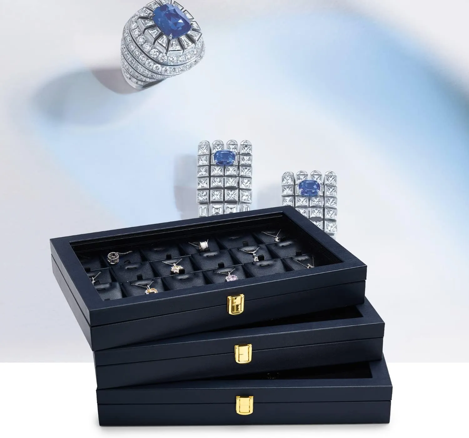 Oirlv 12 Gird Jewelry Tray with Acrylic Lid Premium Blue Leather Jewelry Organizer Box Transparent Lid Bracelet Bangle Small Watch Storage Case for Women Gift