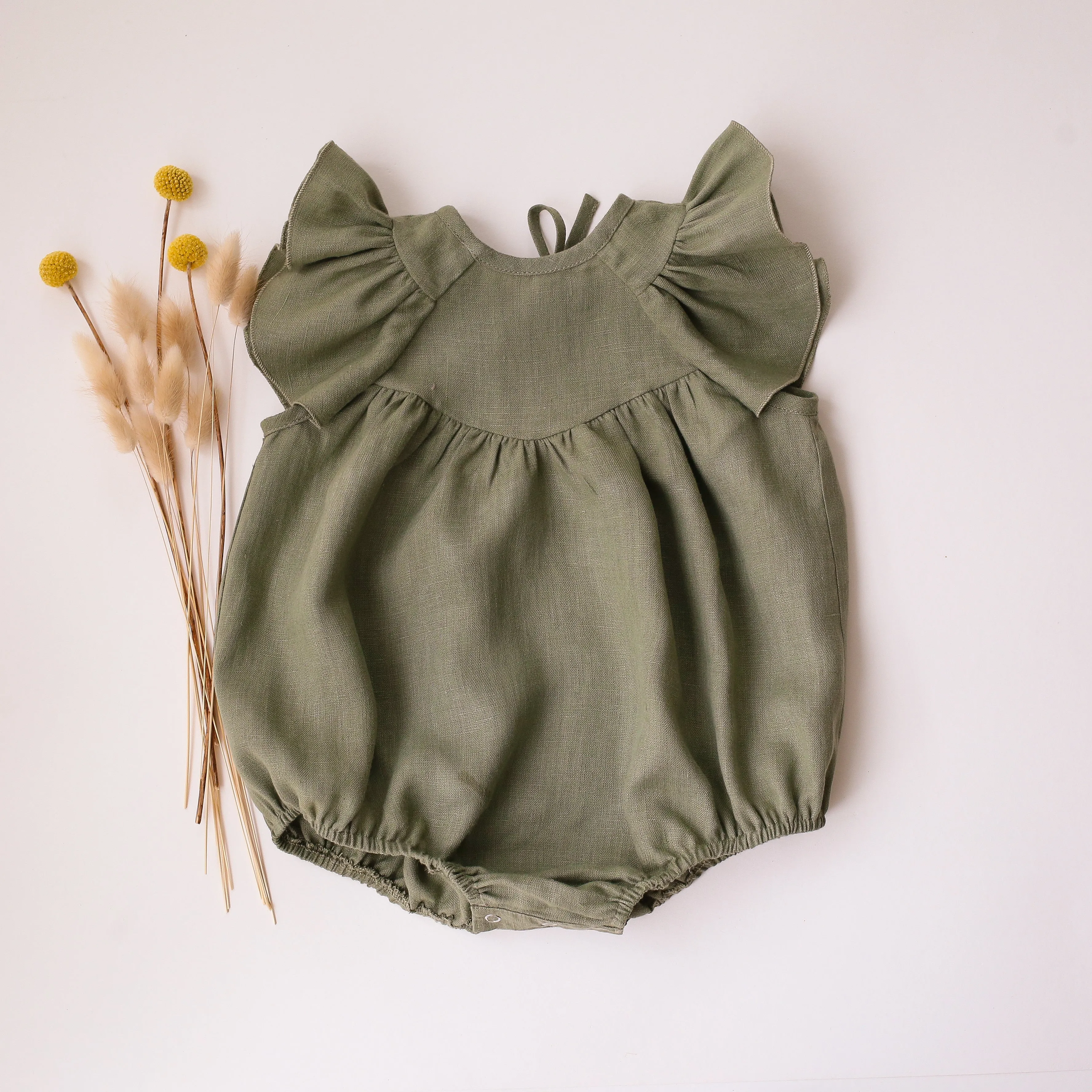 Olive Linen Flutter Sleeve Tie Back Bubble Playsuit