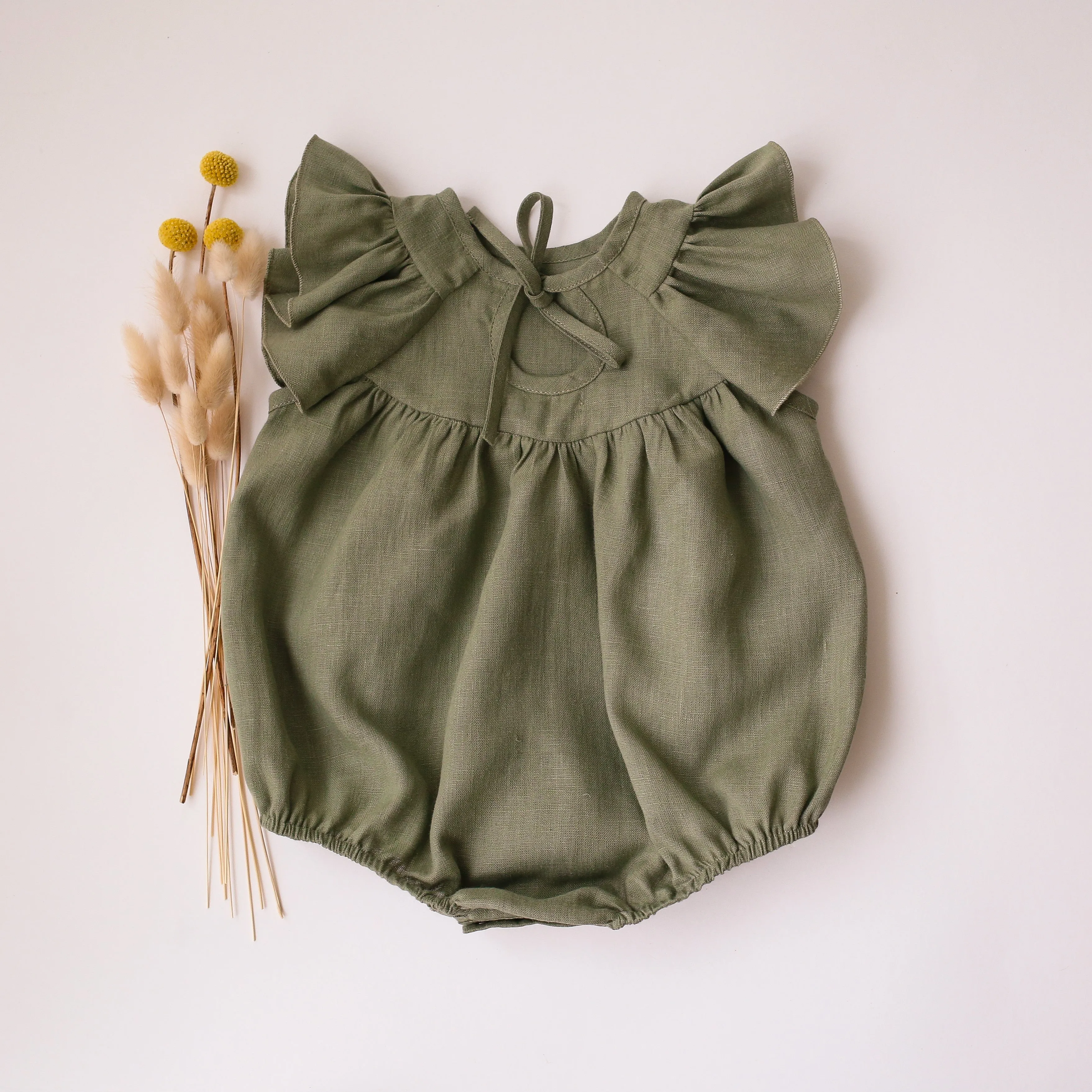 Olive Linen Flutter Sleeve Tie Back Bubble Playsuit