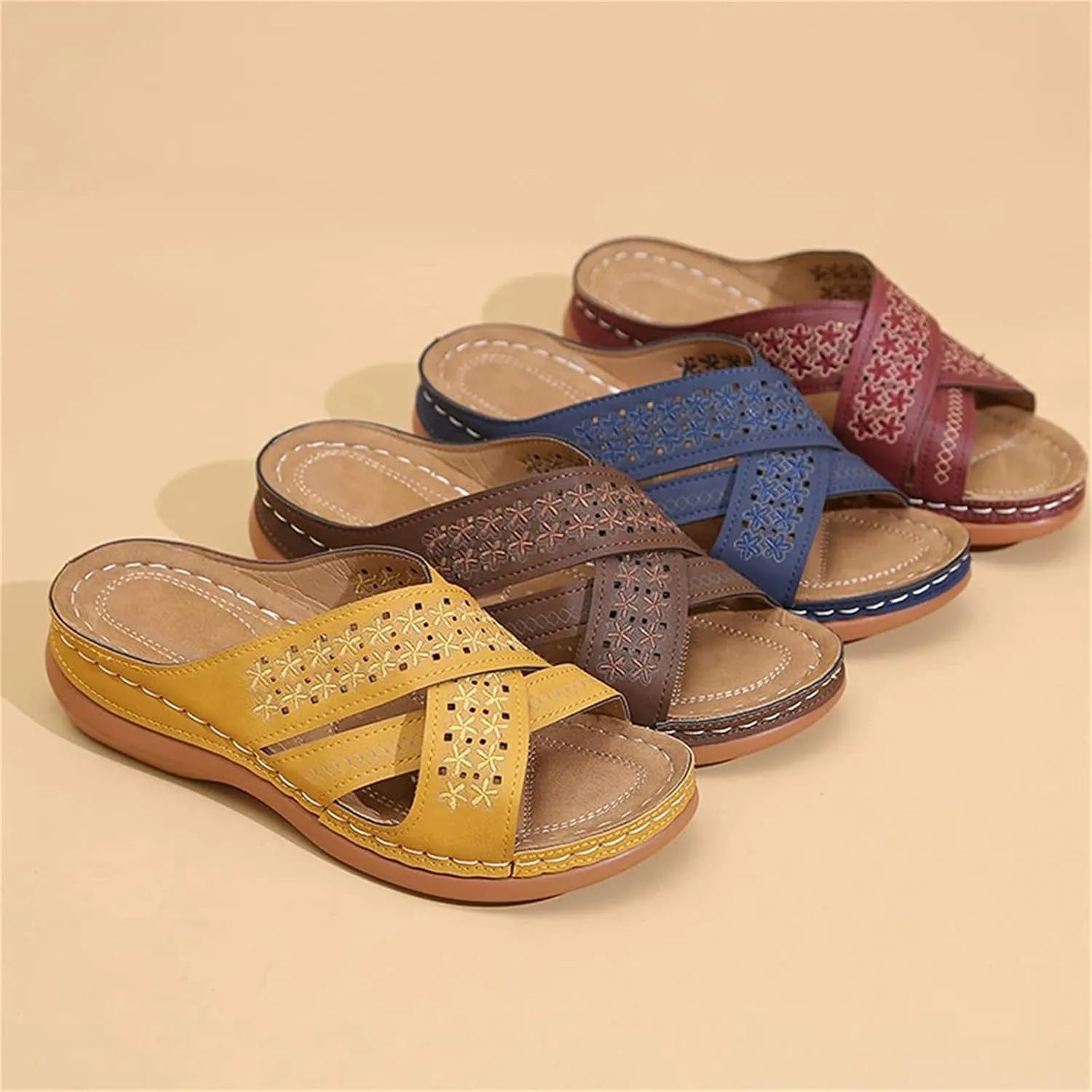 OMIREL Wedge Sandals for Women Hollow Out Slip on Platform Sandals Summer Casual Sandals Walking Shoes Flowers Embroidered Open Toe Leather Mules Orthopedic Shoes,Yellow,US5/EU36