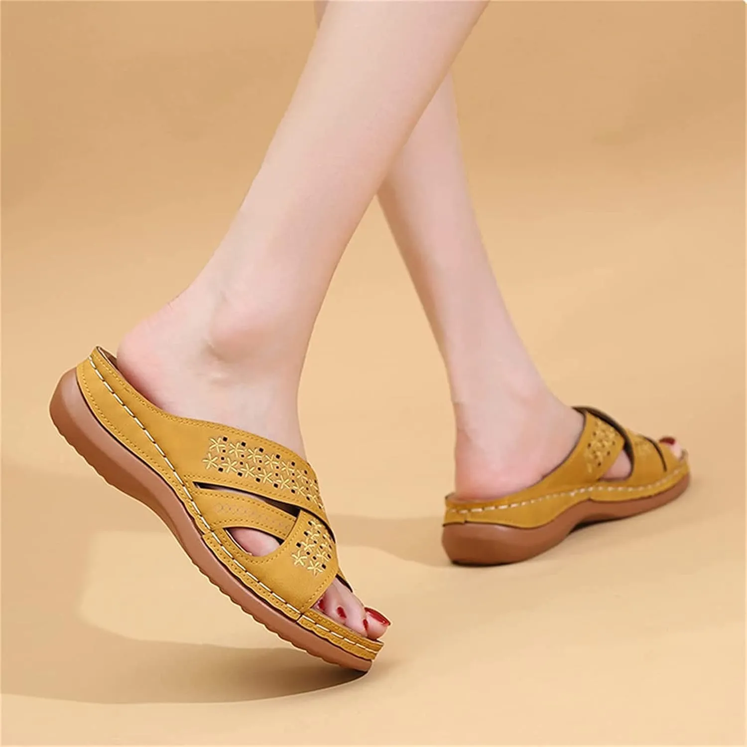 OMIREL Wedge Sandals for Women Hollow Out Slip on Platform Sandals Summer Casual Sandals Walking Shoes Flowers Embroidered Open Toe Leather Mules Orthopedic Shoes,Yellow,US5/EU36