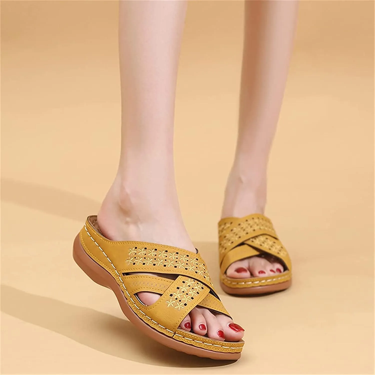 OMIREL Wedge Sandals for Women Hollow Out Slip on Platform Sandals Summer Casual Sandals Walking Shoes Flowers Embroidered Open Toe Leather Mules Orthopedic Shoes,Yellow,US5/EU36
