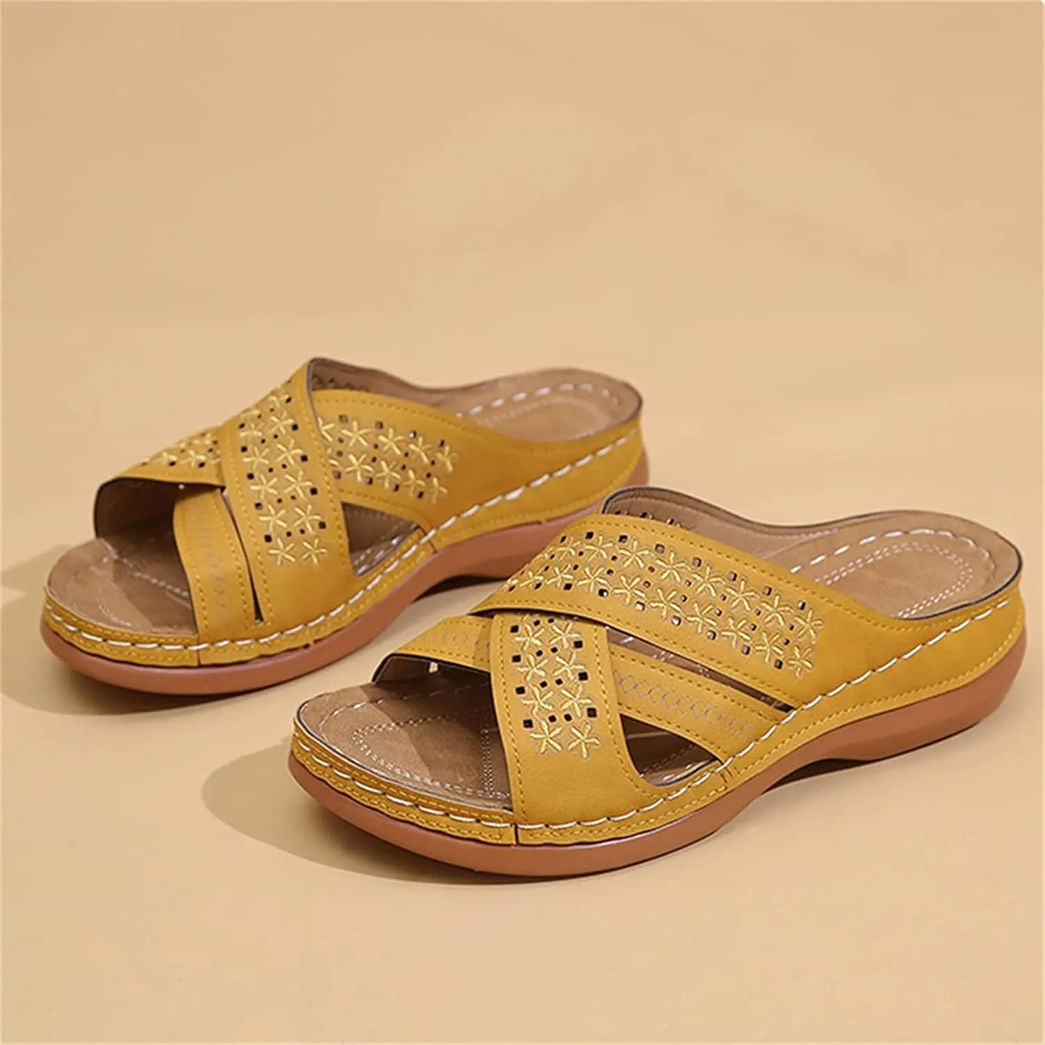 OMIREL Wedge Sandals for Women Hollow Out Slip on Platform Sandals Summer Casual Sandals Walking Shoes Flowers Embroidered Open Toe Leather Mules Orthopedic Shoes,Yellow,US5/EU36