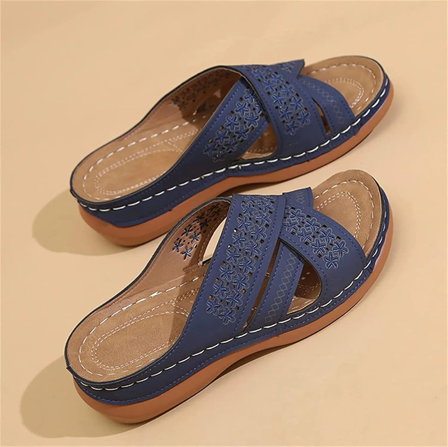 OMIREL Wedge Sandals for Women Sandals Open Toe Flower Embroidered Summer Platform Shoes Sandal with Orthopedic Arch Support Hollow Out Slip on Leather Mules Shoes,Blue,US4/EU35
