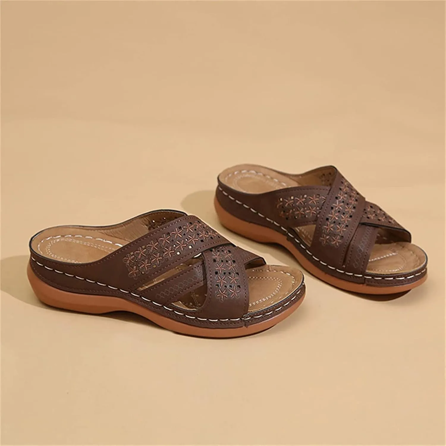 OMIREL Wedge Sandals for Women Sandals Open Toe Flower Embroidered Summer Platform Shoes Sandal with Orthopedic Arch Support Hollow Out Slip on Leather Mules Shoes,Brown,US7/EU38