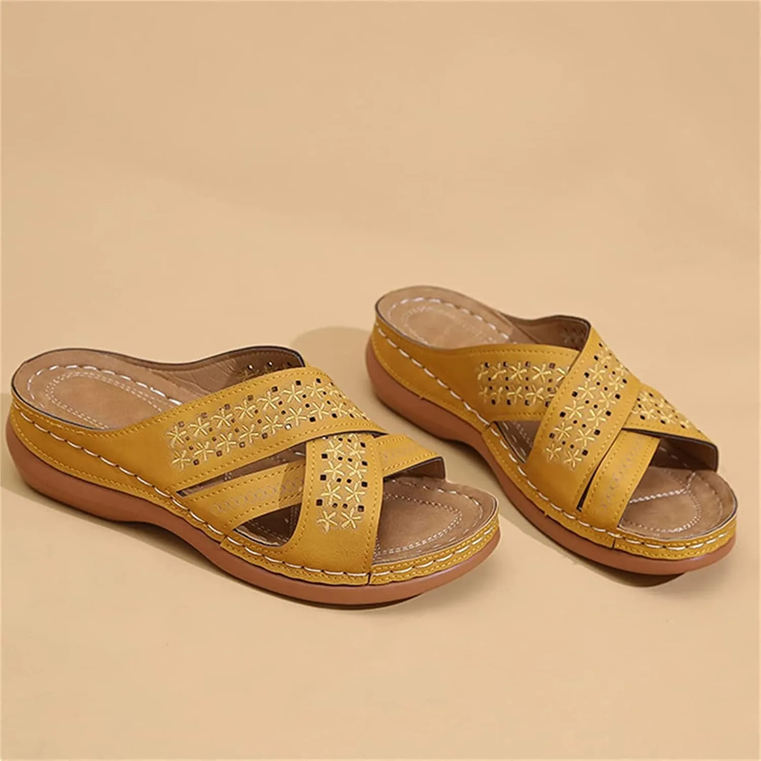 OMIREL Wedge Sandals for Women Sandals Open Toe Flower Embroidered Summer Platform Shoes Sandal with Orthopedic Arch Support Hollow Out Slip on Leather Mules Shoes,Yellow,US10/EU41