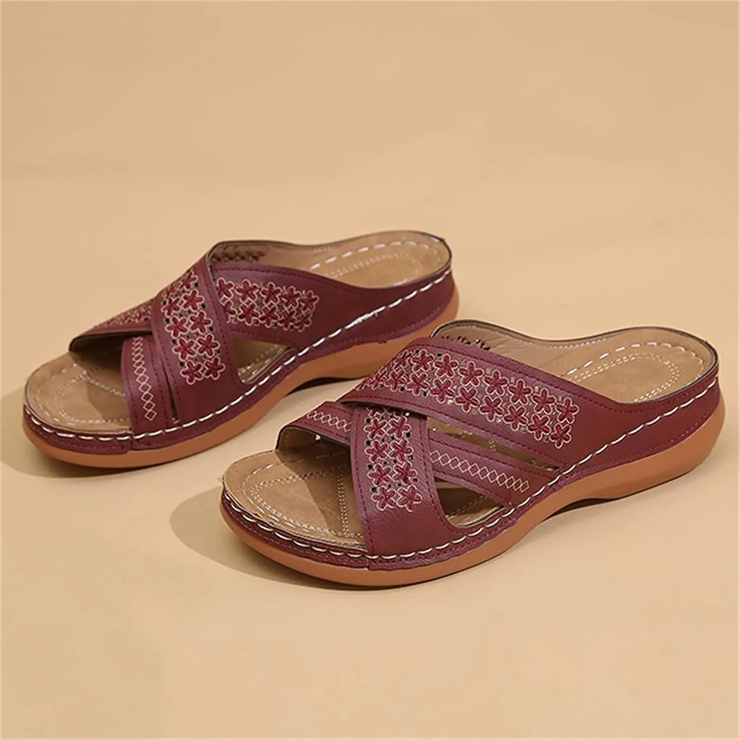 OMIREL Wedge Sandals for Women Shoes with Orthopedic Arch Support Bunion Sandals Hollow Out Slip on Open Toe Flowers Embroidered Leather Mules Shoes,Red,US5/EU36
