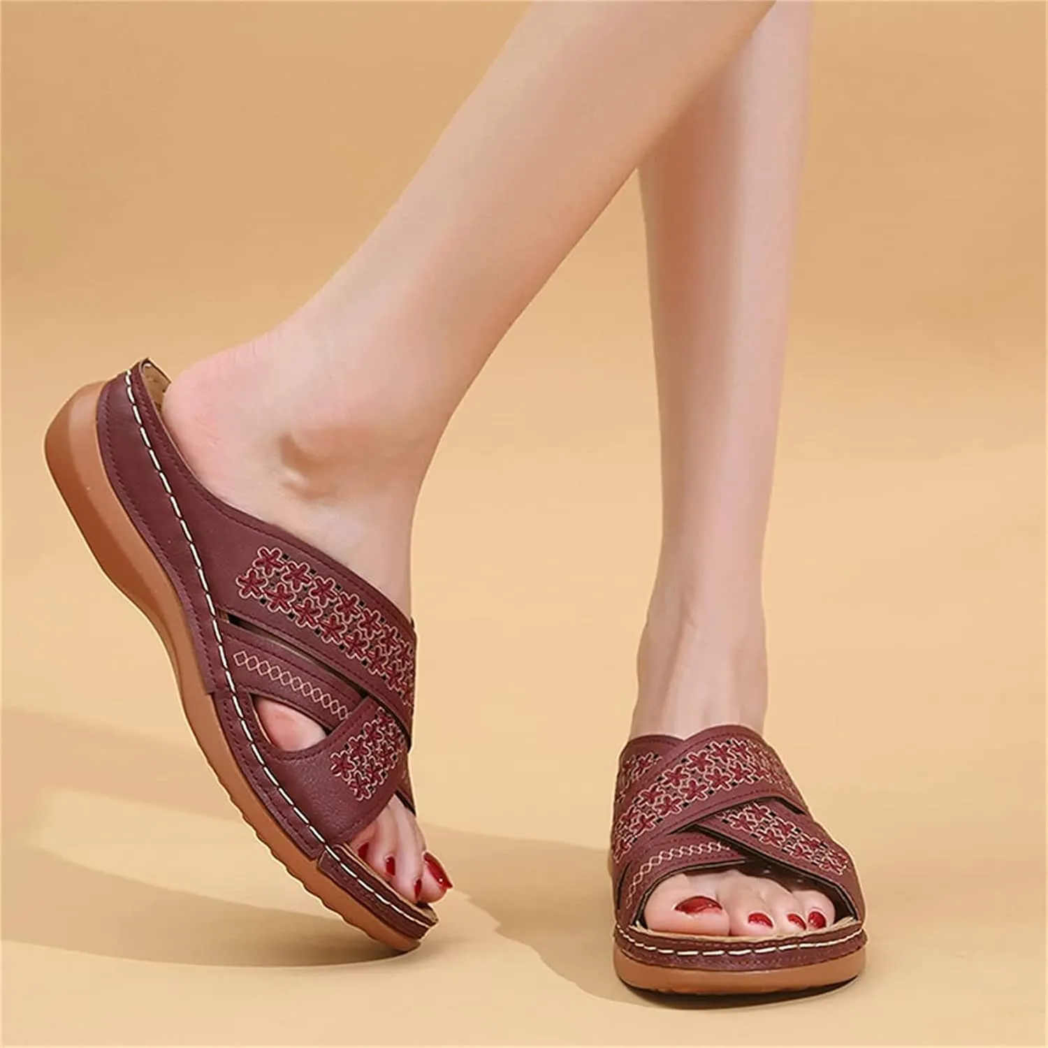 OMIREL Wedge Sandals for Women Shoes with Orthopedic Arch Support Bunion Sandals Hollow Out Slip on Open Toe Flowers Embroidered Leather Mules Shoes,Red,US5/EU36