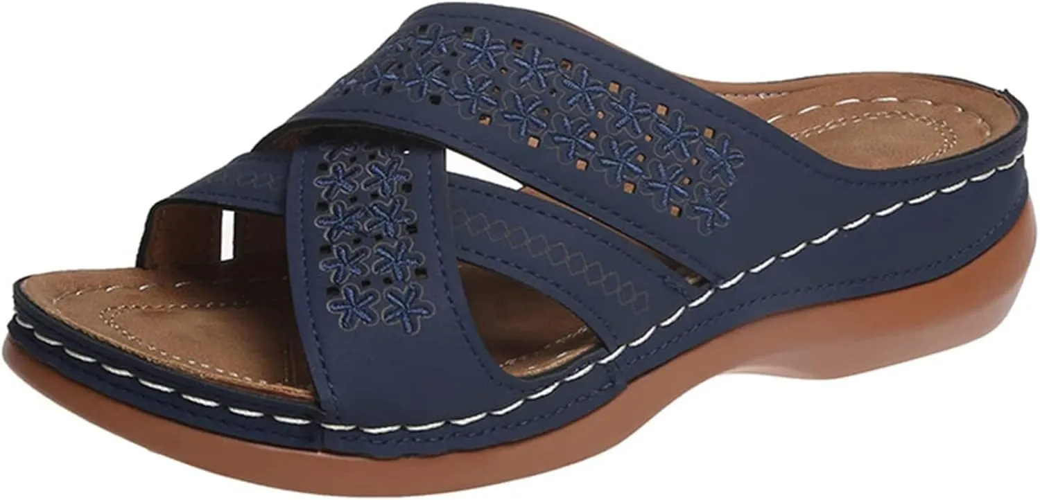 OMIREL Women's Platform Wedges Flowers Embroidered Sandals Hollow Out Slip on Shoes with Orthopedic Arch Support Bunion Sandals Comfortable Leather Mules Walking Wedge Shoes,Blue,US6/EU37