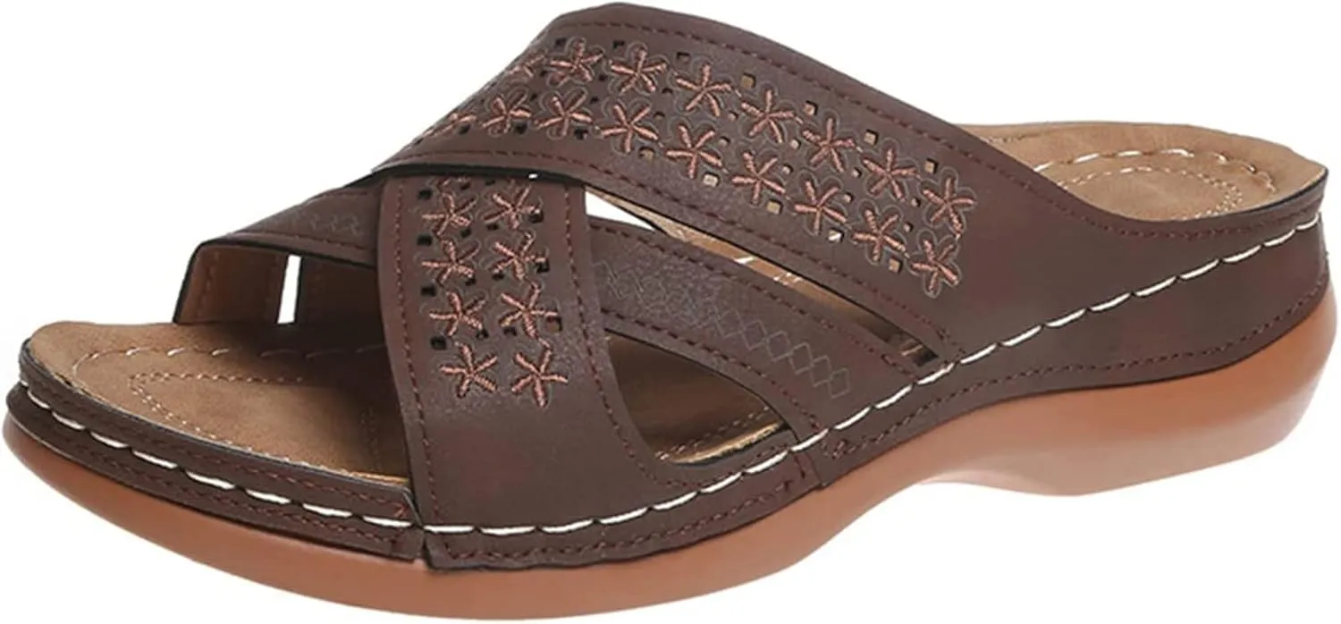 OMIREL Women's Platform Wedges Flowers Embroidered Sandals Hollow Out Slip on Shoes with Orthopedic Arch Support Bunion Sandals Comfortable Leather Mules Walking Wedge Shoes,Brown,US11/EU42