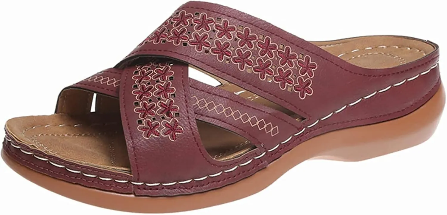 OMIREL Women's Platform Wedges Flowers Embroidered Sandals Hollow Out Slip on Shoes with Orthopedic Arch Support Bunion Sandals Comfortable Leather Mules Walking Wedge Shoes,Red,US4/EU35