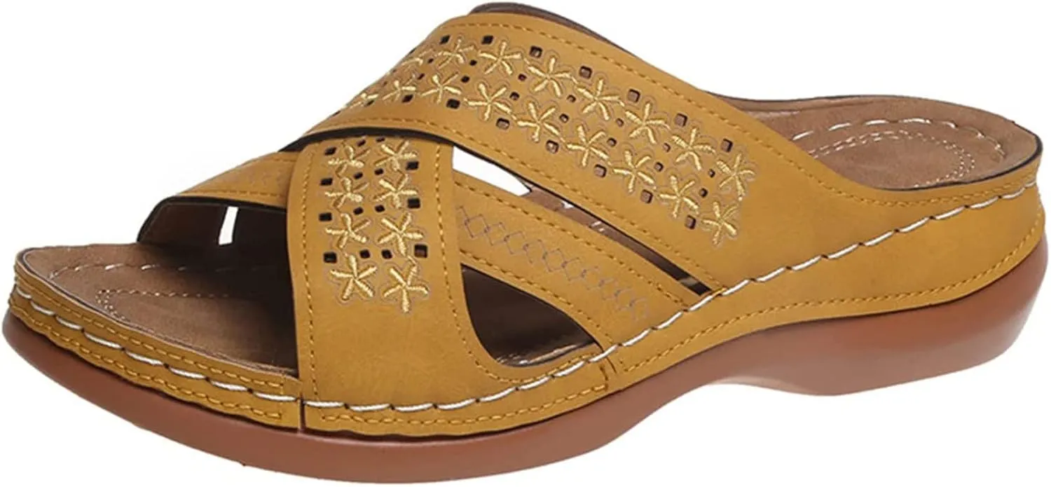 OMIREL Women's Platform Wedges Flowers Embroidered Sandals Hollow Out Slip on Shoes with Orthopedic Arch Support Bunion Sandals Comfortable Leather Mules Walking Wedge Shoes,Yellow,US9/EU40