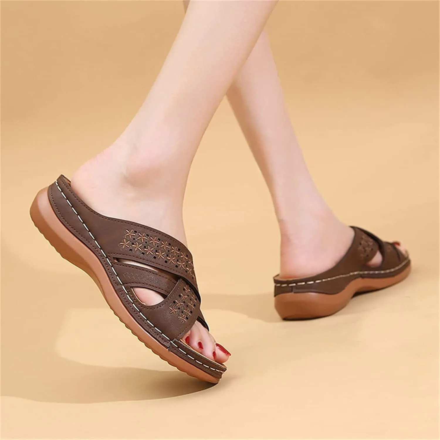 OMIREL Women's Summer Sandals Casual Gladiator Wedge Shoes Hollow Out Slip on Open Toe Outdoor Platform Sandals Flowers Embroidered Leather Mules Orthopedic Shoes,Brown,US7/EU38