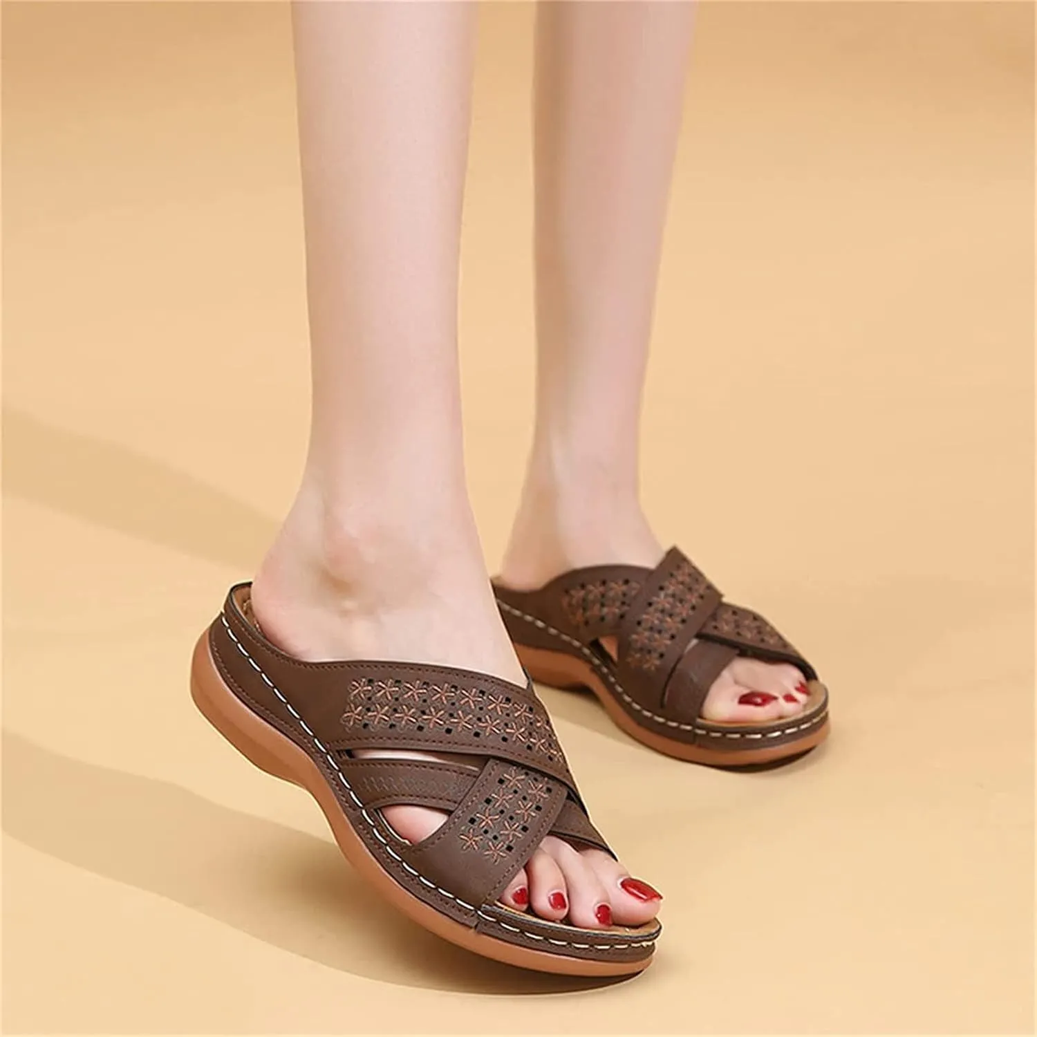 OMIREL Women's Summer Sandals Casual Gladiator Wedge Shoes Hollow Out Slip on Open Toe Outdoor Platform Sandals Flowers Embroidered Leather Mules Orthopedic Shoes,Brown,US7/EU38