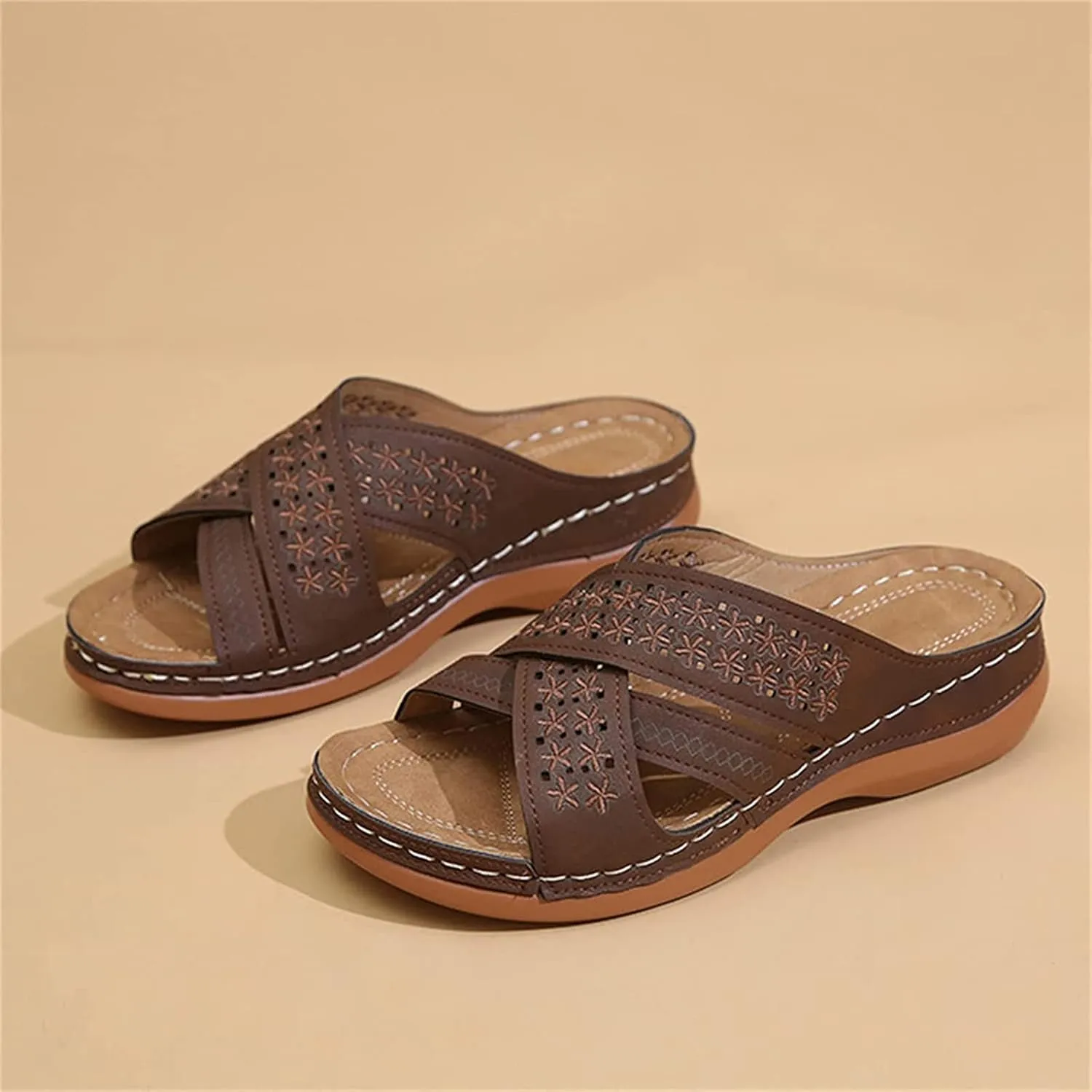OMIREL Women's Summer Sandals Casual Gladiator Wedge Shoes Hollow Out Slip on Open Toe Outdoor Platform Sandals Flowers Embroidered Leather Mules Orthopedic Shoes,Brown,US7/EU38