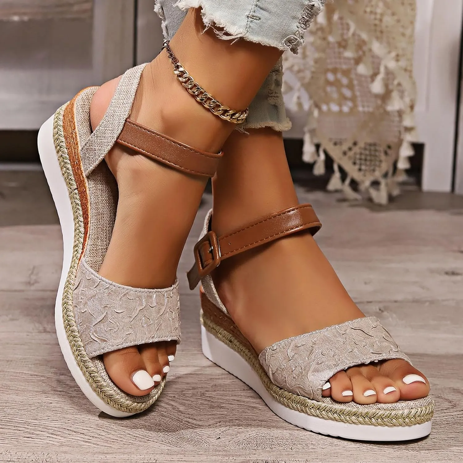 Orthopedic Platform Wedge Sandals for Women Flat Open Toe Ankle Strap Espadrilles Sandals Strappy Beach Boho Shoes
