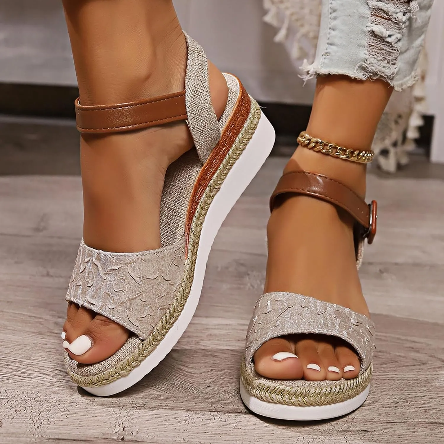 Orthopedic Platform Wedge Sandals for Women Flat Open Toe Ankle Strap Espadrilles Sandals Strappy Beach Boho Shoes