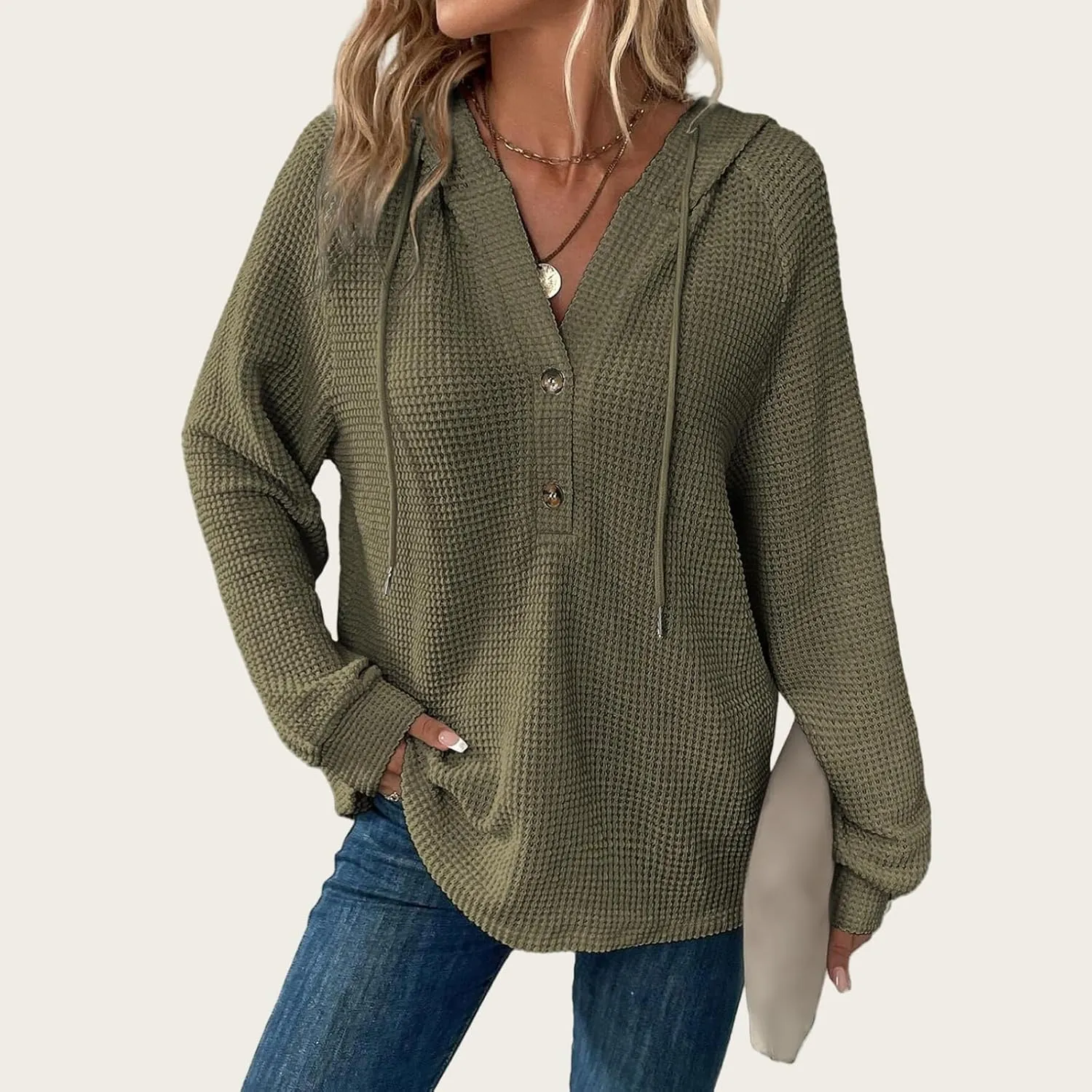 Oversized Hoodies for Women Waffle Knit Long Sleeve Tops V Neck Casual Drawstring Pullover Sweatshirt Trendy Top