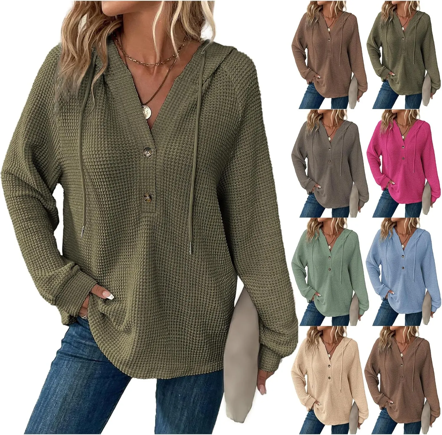 Oversized Hoodies for Women Waffle Knit Long Sleeve Tops V Neck Casual Drawstring Pullover Sweatshirt Trendy Top