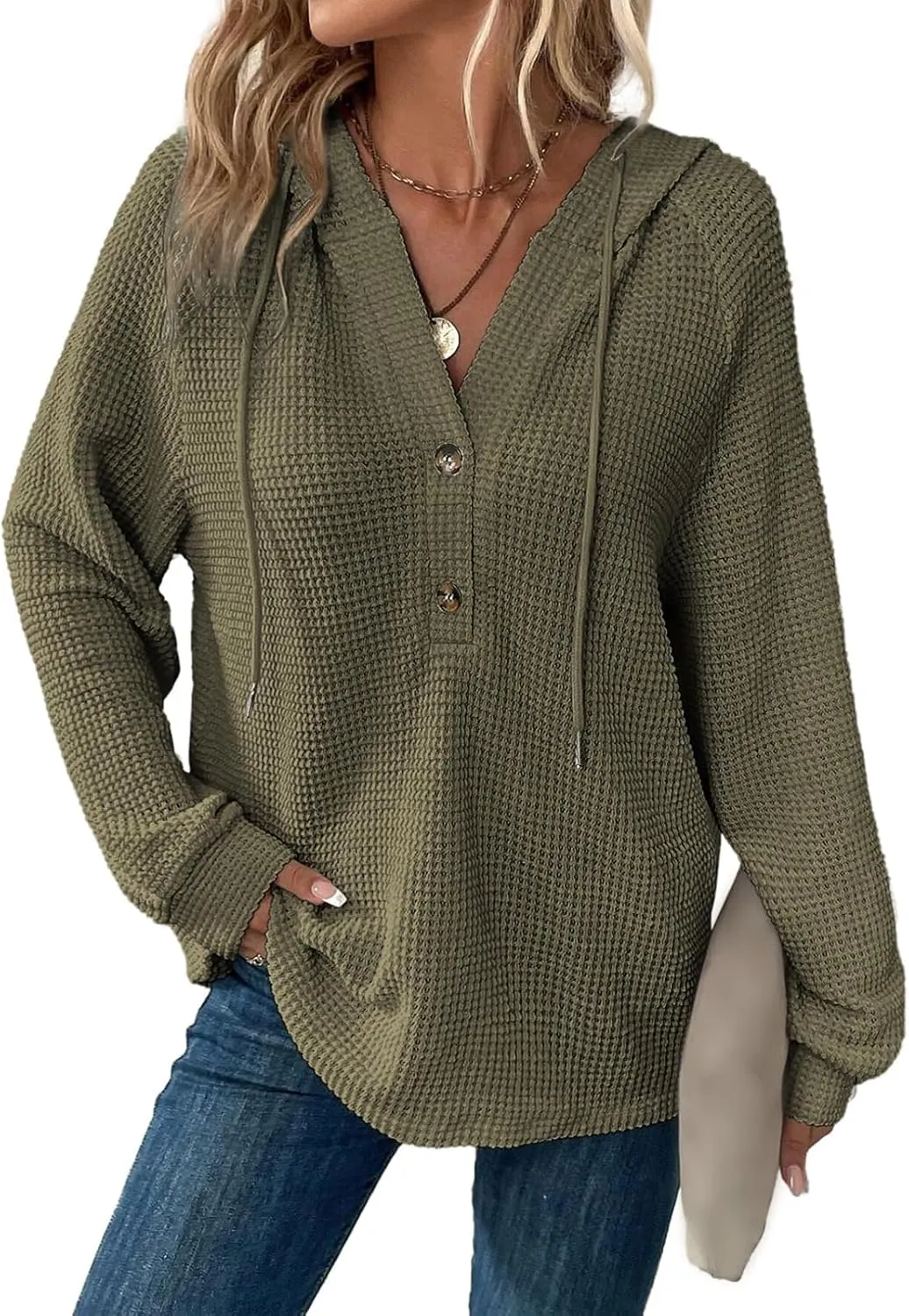 Oversized Hoodies for Women Waffle Knit Long Sleeve Tops V Neck Casual Drawstring Pullover Sweatshirt Trendy Top