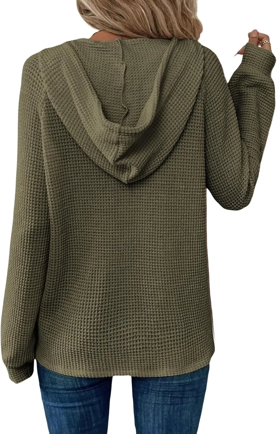 Oversized Hoodies for Women Waffle Knit Long Sleeve Tops V Neck Casual Drawstring Pullover Sweatshirt Trendy Top