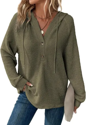 Oversized Hoodies for Women Waffle Knit Long Sleeve Tops V Neck Casual Drawstring Pullover Sweatshirt Trendy Top