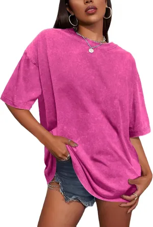 Oversized Tshirts for Women Short Sleeve Crew Neck Vintage Washed Basic Loose Casual Tees