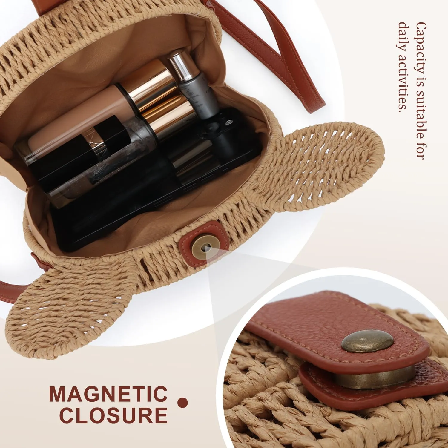 Oweisong Round Rattan Purse for Women Wicker Straw Crossbody Bag Cute Summer Beach Bag Woven Handbag for Vacation