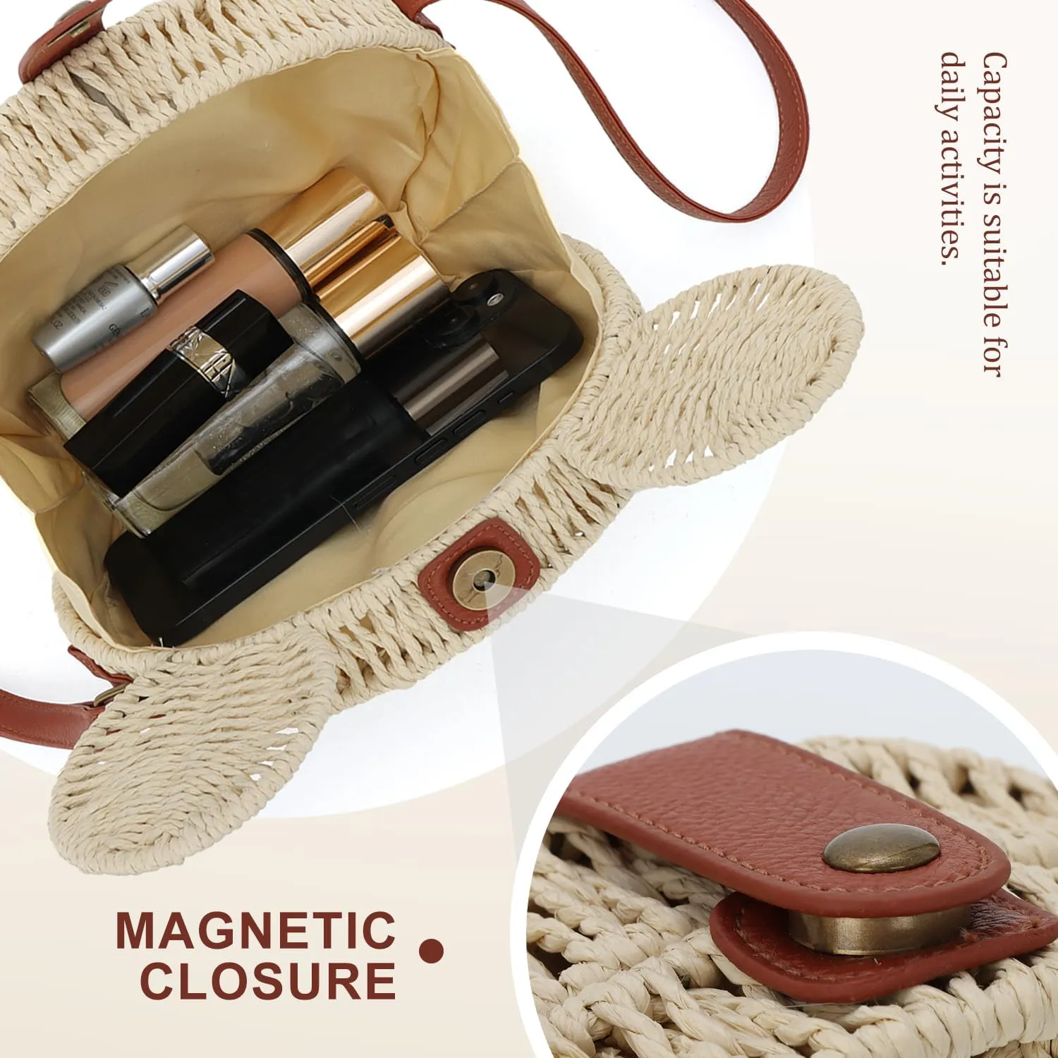 Oweisong Round Rattan Purse for Women Wicker Straw Crossbody Bag Cute Summer Beach Bag Woven Handbag for Vacation