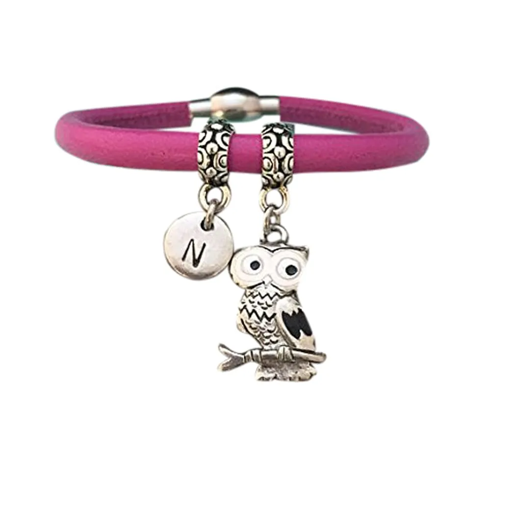 Owl leather bracelet, owl charm bracelet, leather bangle, personalized bracelet, initial bracelet, initial charm, monogram