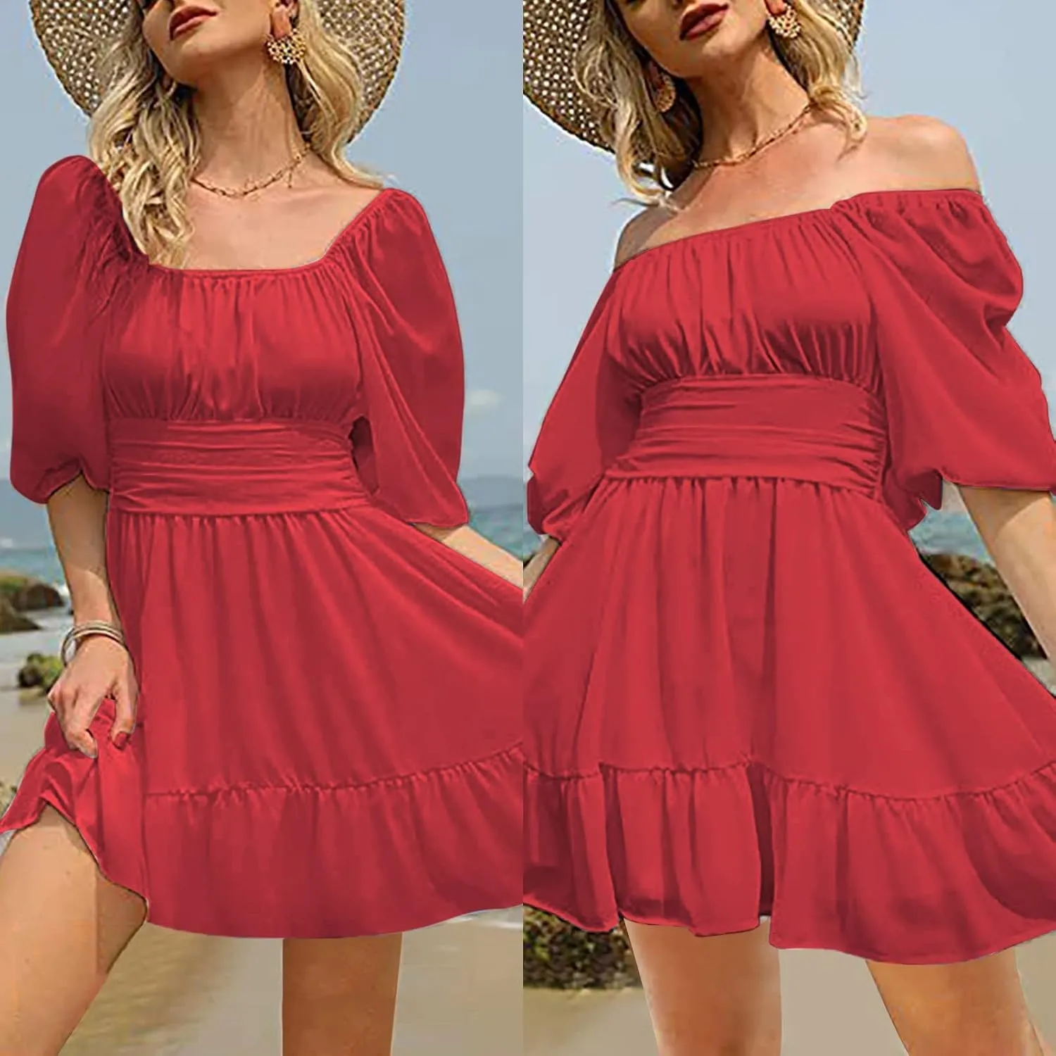 Party Dresses for Women Off Shoulder Ruffle Short Sleeve Mini Dress Tie Back Flowy A-Line Summer Casual Sundress