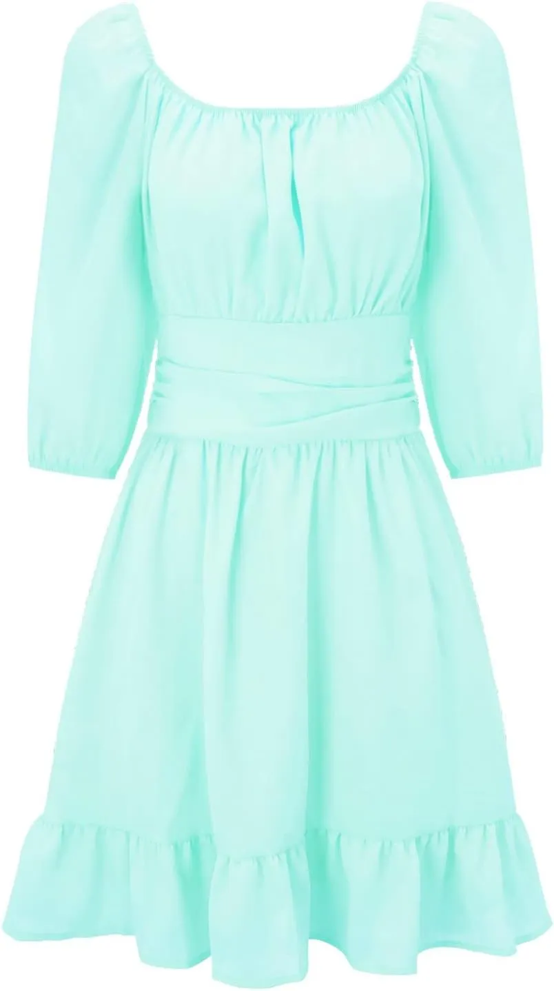 Party Dresses for Women Off Shoulder Ruffle Short Sleeve Mini Dress Tie Back Flowy A-Line Summer Casual Sundress