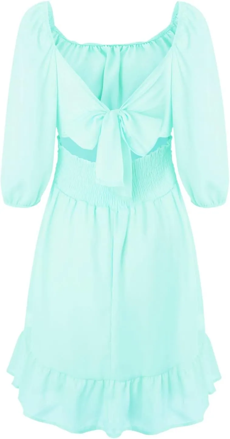Party Dresses for Women Off Shoulder Ruffle Short Sleeve Mini Dress Tie Back Flowy A-Line Summer Casual Sundress
