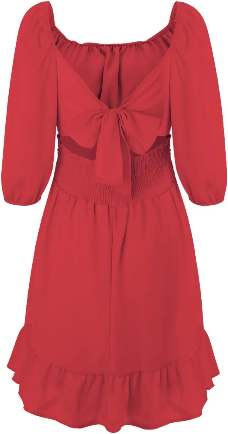 Party Dresses for Women Off Shoulder Ruffle Short Sleeve Mini Dress Tie Back Flowy A-Line Summer Casual Sundress