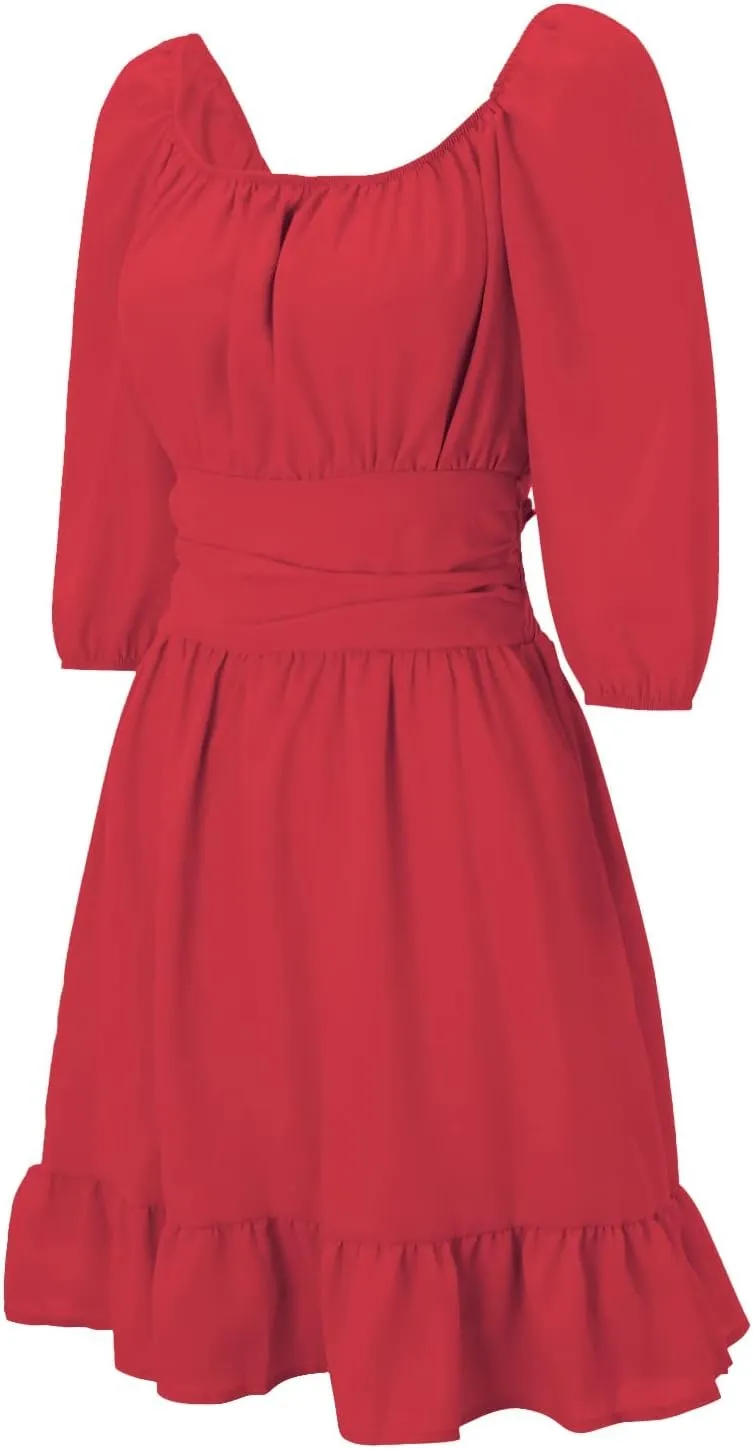 Party Dresses for Women Off Shoulder Ruffle Short Sleeve Mini Dress Tie Back Flowy A-Line Summer Casual Sundress