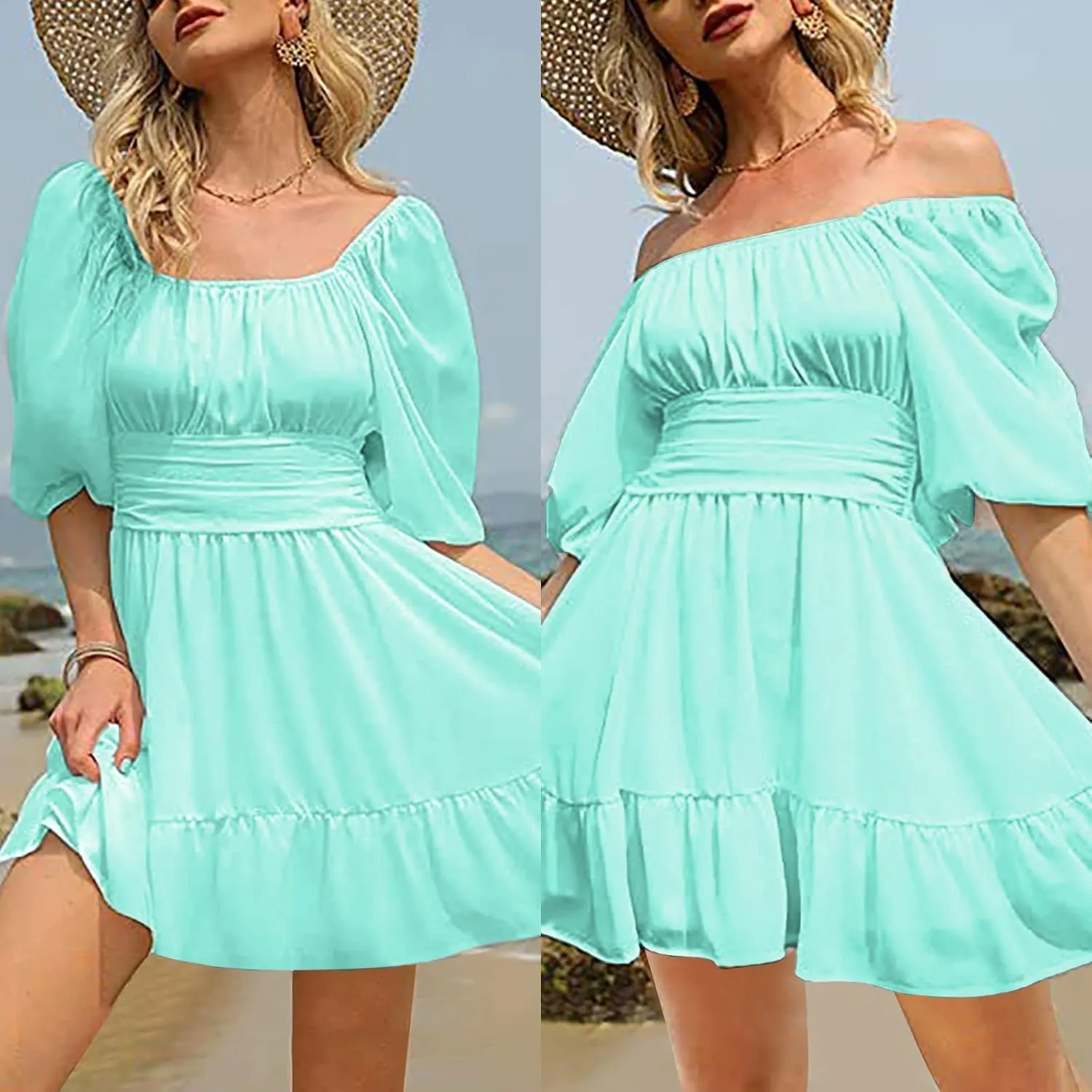 Party Dresses for Women Off Shoulder Ruffle Short Sleeve Mini Dress Tie Back Flowy A-Line Summer Casual Sundress