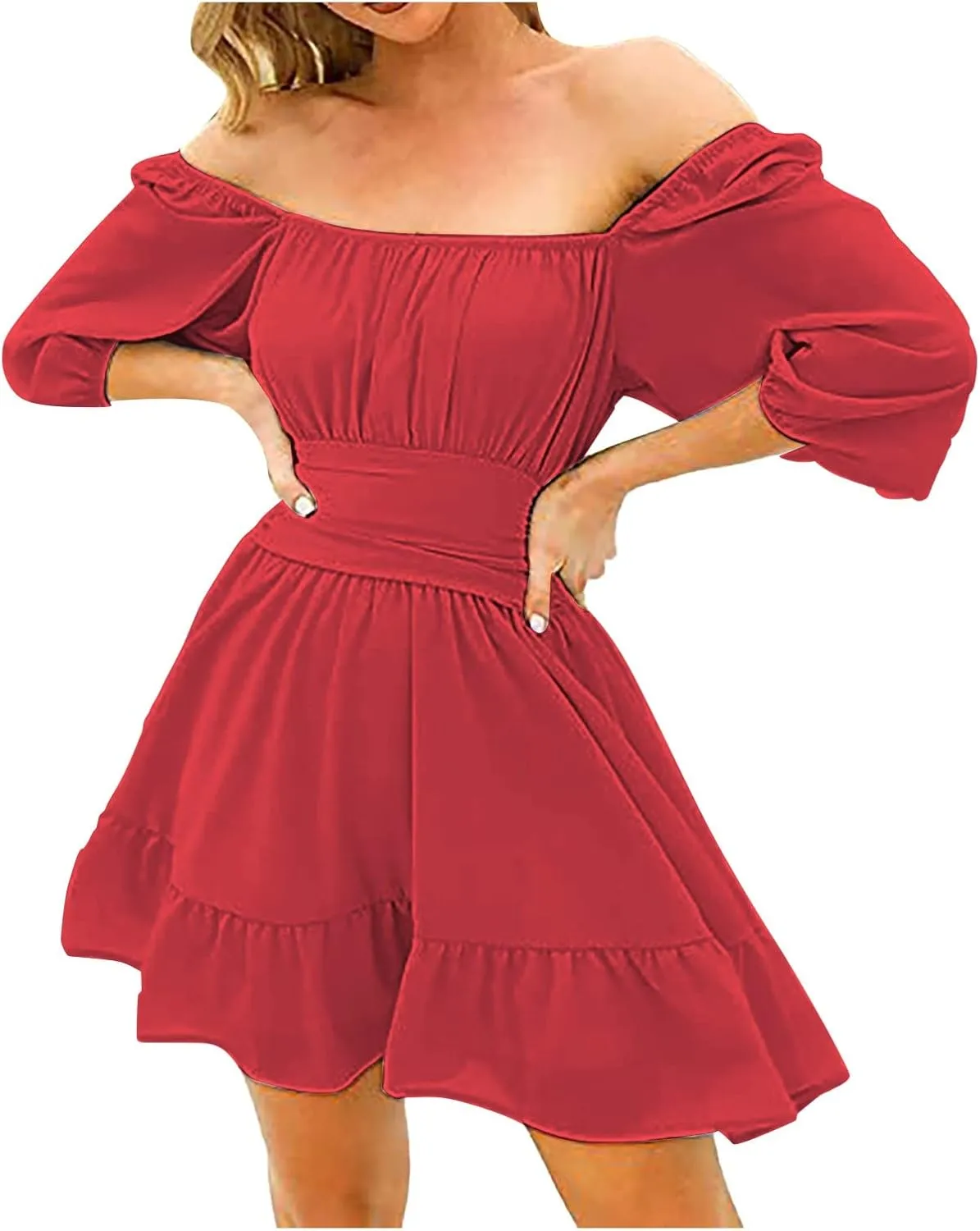 Party Dresses for Women Off Shoulder Ruffle Short Sleeve Mini Dress Tie Back Flowy A-Line Summer Casual Sundress