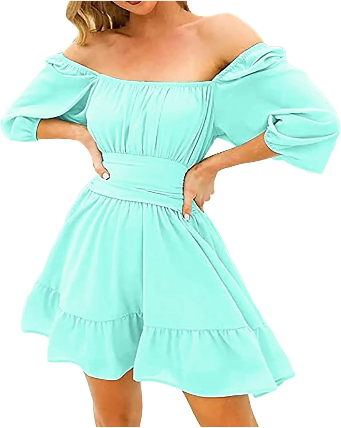 Party Dresses for Women Off Shoulder Ruffle Short Sleeve Mini Dress Tie Back Flowy A-Line Summer Casual Sundress