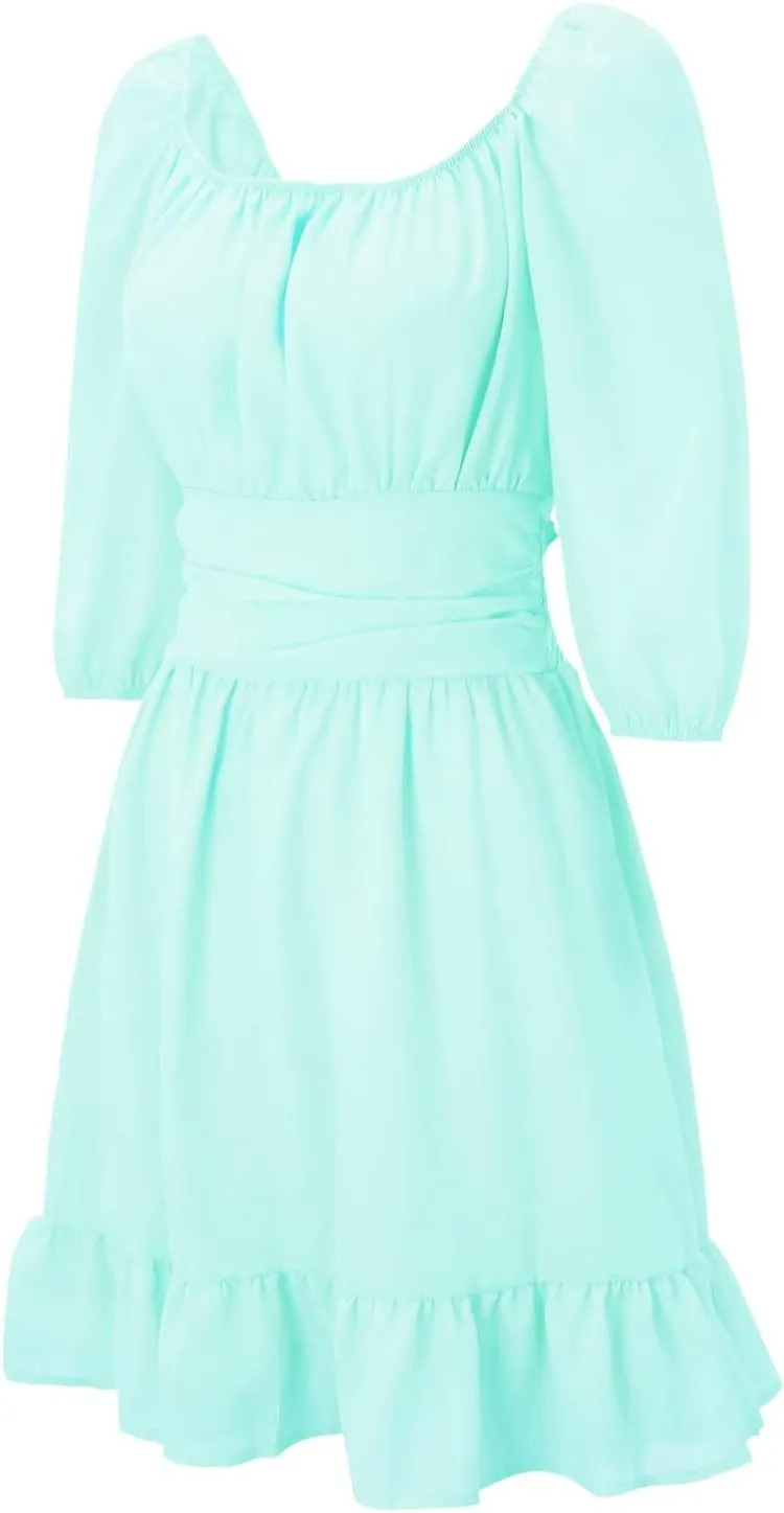 Party Dresses for Women Off Shoulder Ruffle Short Sleeve Mini Dress Tie Back Flowy A-Line Summer Casual Sundress