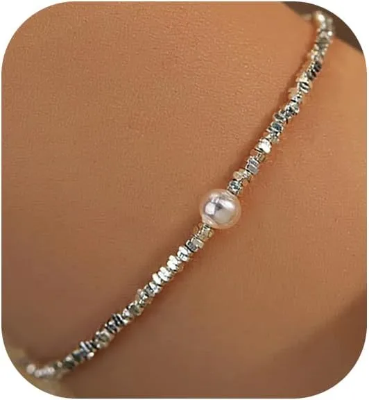 Pearl Bracelet, Pearl Bracelets Daisy Flower Bead Station Strand Dainty Pearl Bracelet for Women 6.5 2 Inch