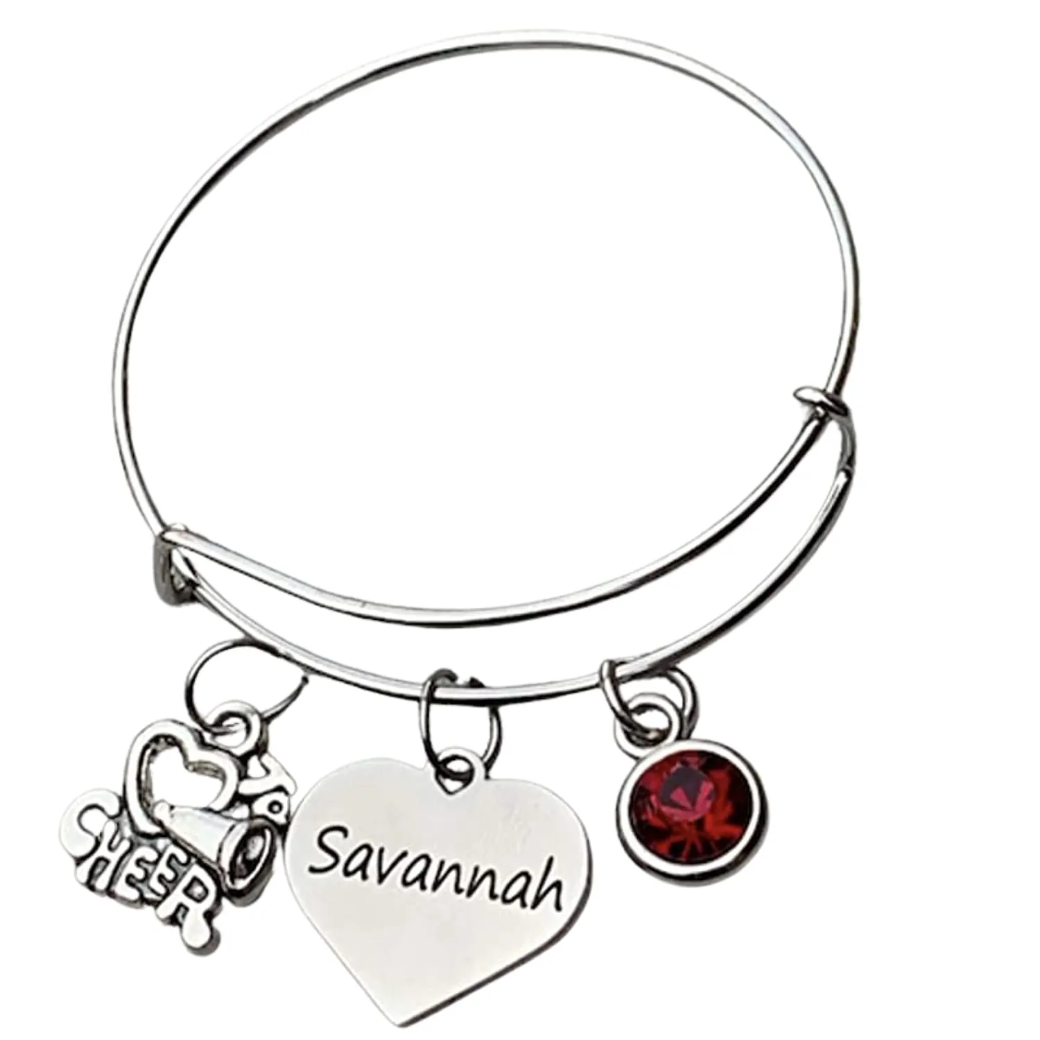 Personalized Cheer Bangle Bracelet with Engraved Name Charm and Birthstone Charm- Custom Cheer Jewelry For Cheerleader, Cheerleading Gift