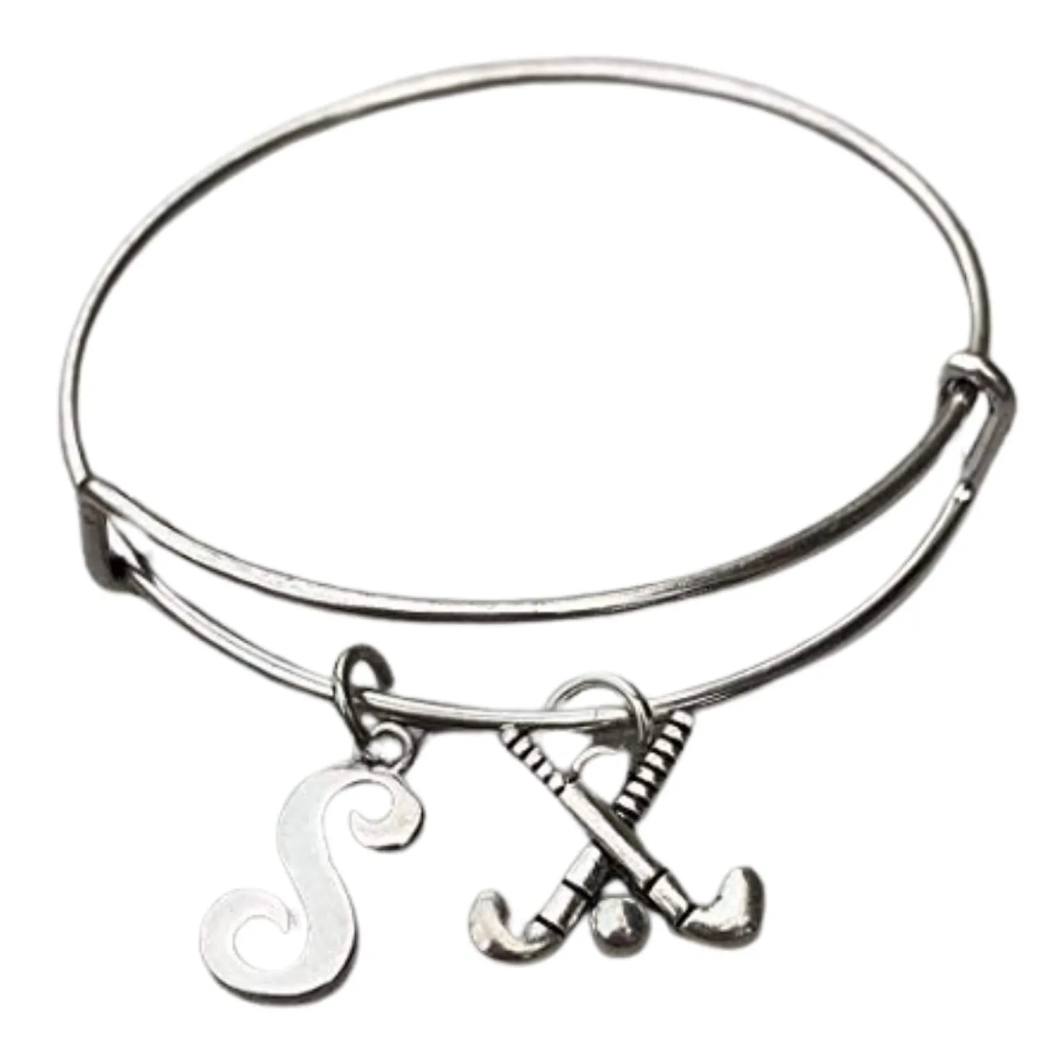 Personalized Field Hockey Charm Bangle Bracelet with Letter Charm, Field Hockey Jewelry, Gift for Field Hockey Playersld Hockey Players