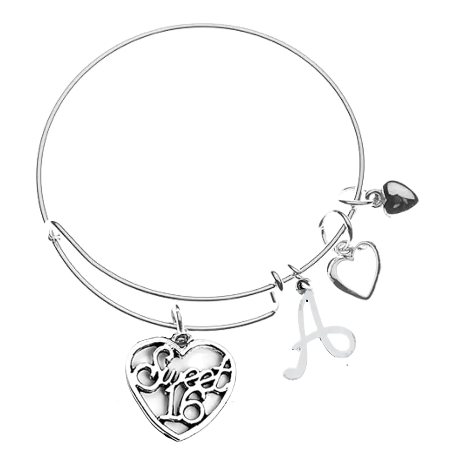 Personalized Sweet 16 Charm Bangle Bracelet with Letter Charm, Custom Sweet Sixteen Jewelry Birthday Gift For Girls