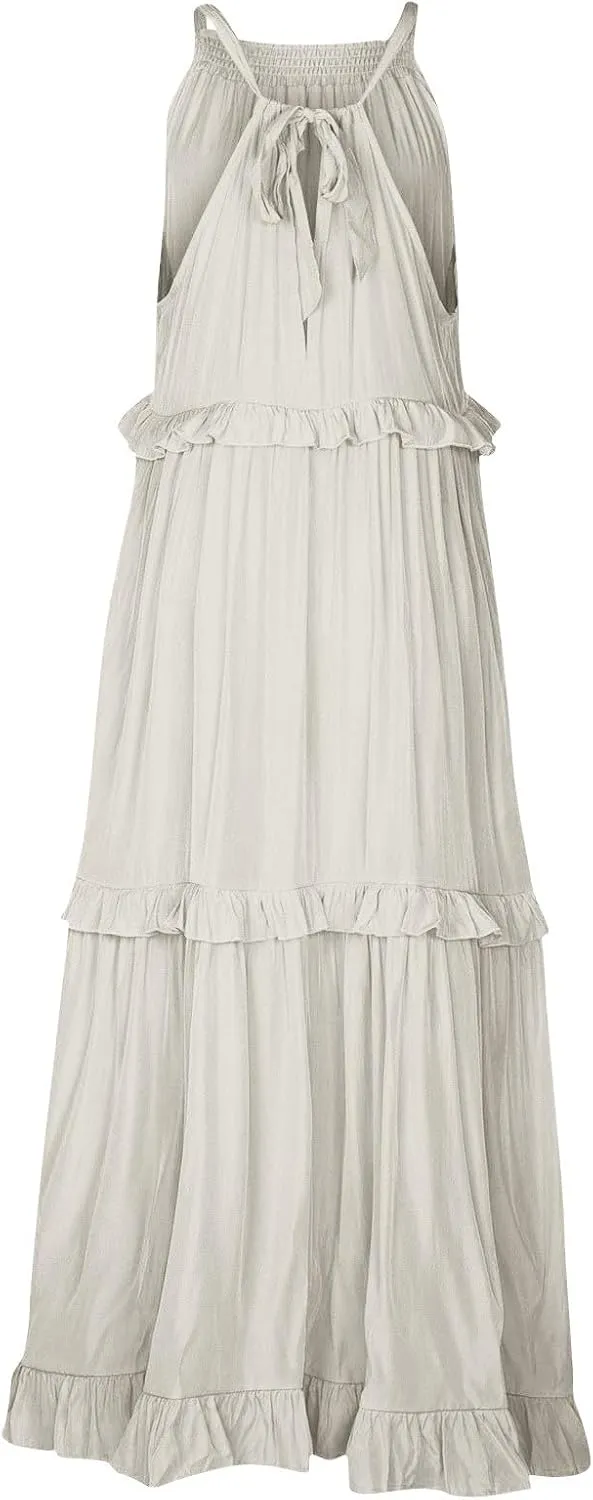 PETYCZEN Womens Tiered Dress 2025 Summer Sleeveless Halter Tie Back Pleated Maxi Dress A Line Long Flowy Beach Sundresses