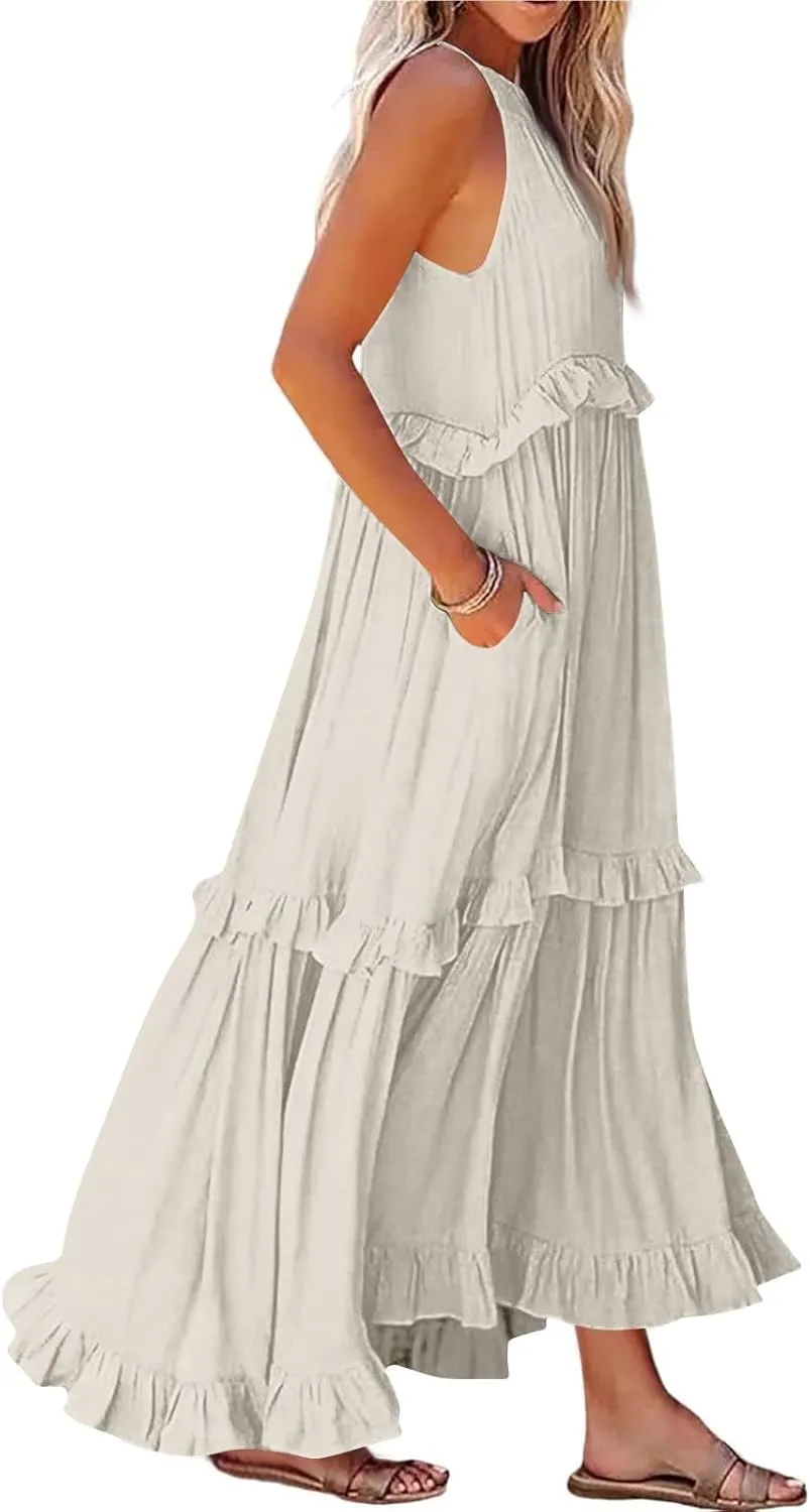 PETYCZEN Womens Tiered Dress 2025 Summer Sleeveless Halter Tie Back Pleated Maxi Dress A Line Long Flowy Beach Sundresses