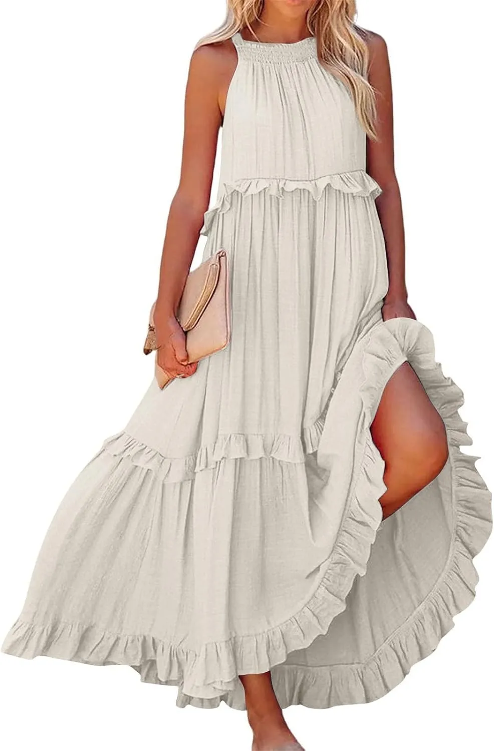PETYCZEN Womens Tiered Dress 2025 Summer Sleeveless Halter Tie Back Pleated Maxi Dress A Line Long Flowy Beach Sundresses