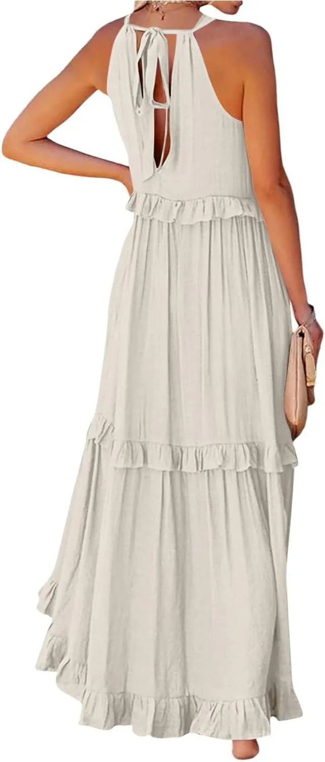 PETYCZEN Womens Tiered Dress 2025 Summer Sleeveless Halter Tie Back Pleated Maxi Dress A Line Long Flowy Beach Sundresses