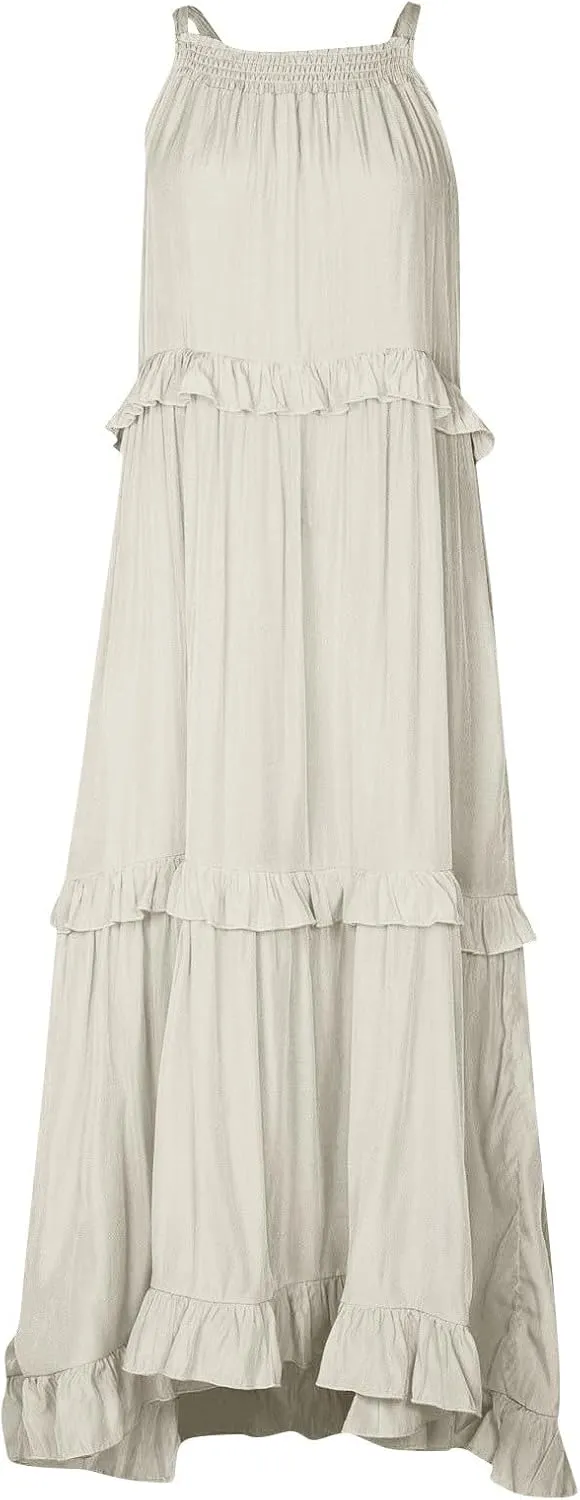 PETYCZEN Womens Tiered Dress 2025 Summer Sleeveless Halter Tie Back Pleated Maxi Dress A Line Long Flowy Beach Sundresses