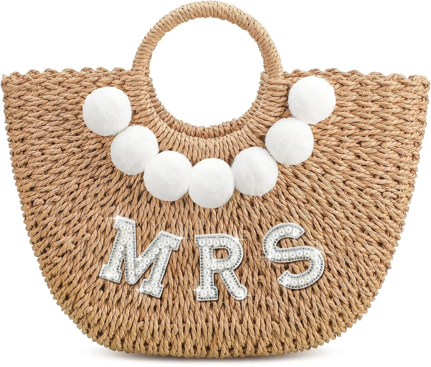 Pinkunn Bride Gift Beach Bag Mrs Handwoven Straw Bag Rhinestone Pearl Letters Purse Bachelorette Wedding Honeymoon Essentials