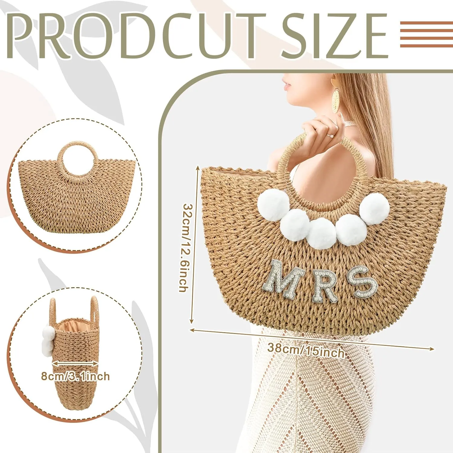 Pinkunn Bride Gift Beach Bag Mrs Handwoven Straw Bag Rhinestone Pearl Letters Purse Bachelorette Wedding Honeymoon Essentials